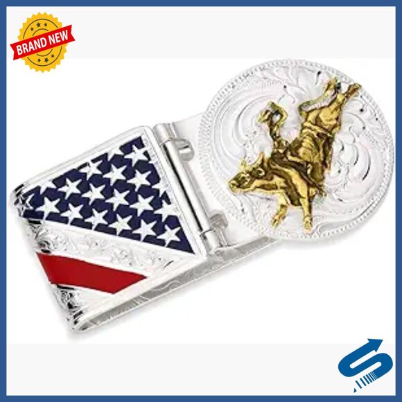 Brass Money Clip Made in USA Western Bull Rider Design Secure Cash Card Holder